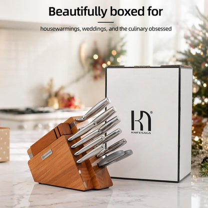 KnifeSaga Kitchen Knife Set with Block and Sharpener | 12-Piece Premium High Carbon Stainless Steel Knife Block Set, Ergonomic Anti-Slip Handle, Rubberwood Knife Block