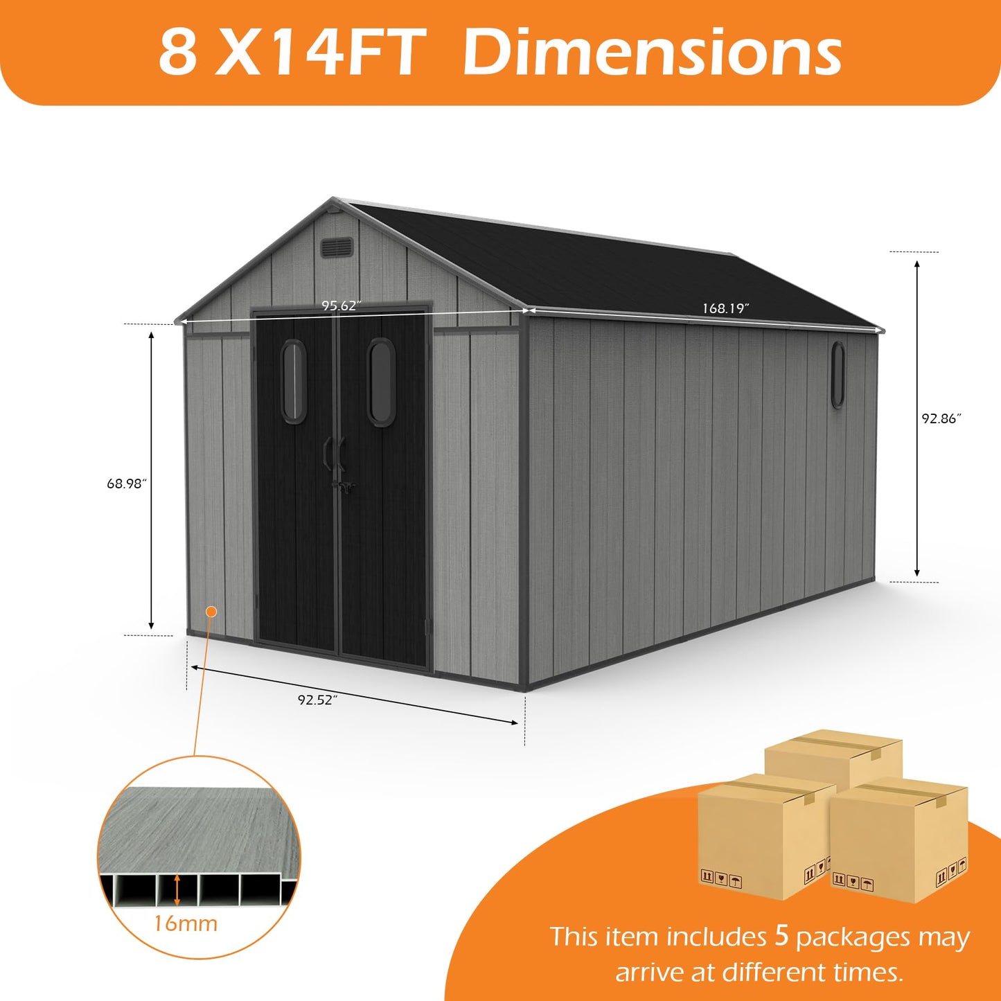 Domi 8x14Ft Resin Outdoor Storage Shed with Floor, Plastic Garden Storage Shed, Outside Weatherproof Storage Building for Tools, Bike, Lawn Mower, Patio, Backyard