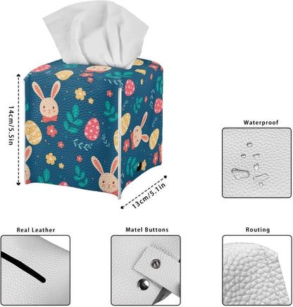 Biyejit Cute Easter Rabbit Eggs Tissue Box Cover, Square PU Leather Holder with Bottom Strap for Bathroom, Vanity, Desk
