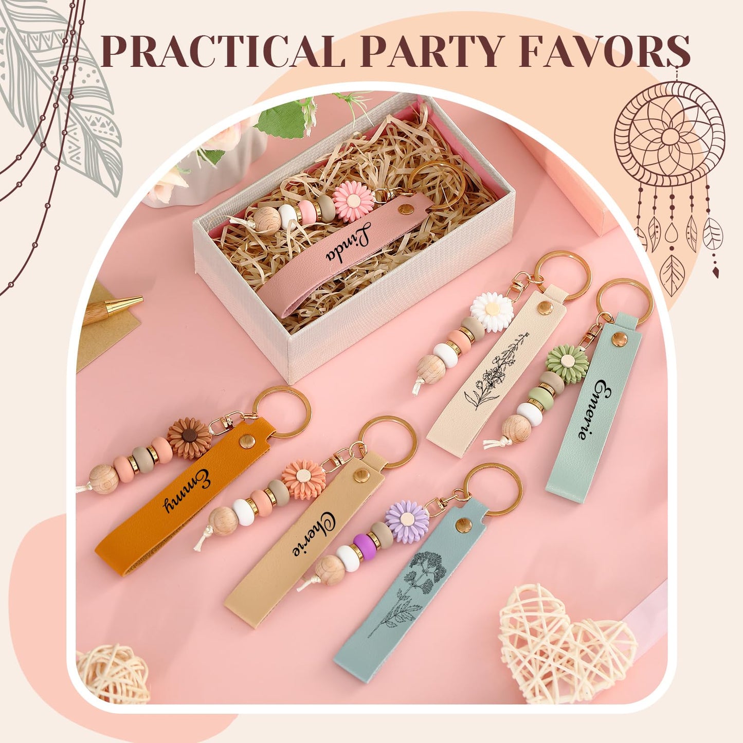 Wavyknot 12 Set Daisy and PU Leather Beadable Keychain Bars Bulk Laser Engraving Blanks Keychain Kit for DIY Crafts Jewelry (Pastel, Rectangle)