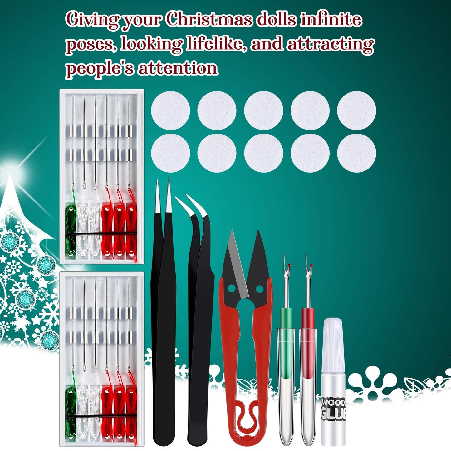 2 Sets Christmas Elf Upgrade Kit with Seam Ripper, Sewing Box Set, Glue Point Dots, Floral Stem Wire, Tweezers, DIY Glue, and U Shaped Scissors for Making Your Elf Flexible and Bendable Accessories