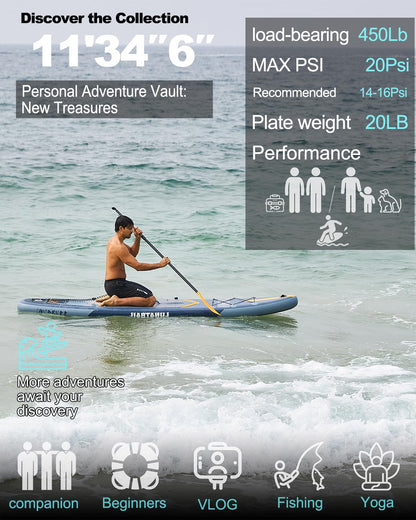 【11'×34"】 Extra Long/Extra Wide Premium Inflatable Stand Up Paddle Board (SUP) – Portable & Lightweight for Yoga, Surfing, Family Fun | Complete Kit with Paddle, Pump, Bag | Durable Design