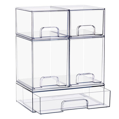 Sorbus Stackable Acrylic Storage Drawers – 2 Small + 2 Tall + 1 Wide – 5 Pack Clear Plastic Organizer Bins for Baby Bottles, Makeup, Bathroom & Vanity, Pull-Out Drawer Design for Kitchen Cabinets