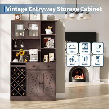 IDEALHOUSE 72 Inch Tall Kitchen Pantry Cabinet with Power Outlet - Wine Bottle Rack, Barn Doors, Ample Storage, Modern Sideboard Buffet for Dining Room, Kitchen, or Home Bar
