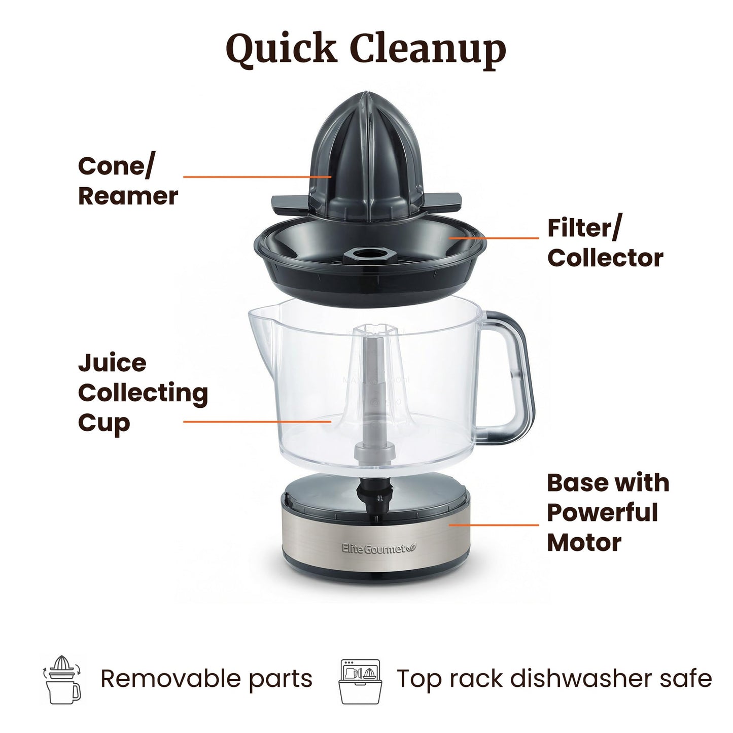 Elite Gourmet ETS326 BPA-Free 40-Watt Electric Citrus Juicer, Compact, Large Volume, Pulp Control, Oranges, Lemons, Limes, Grapefruits with Easy Pour Spout, 24oz, Black/Stainless Steel
