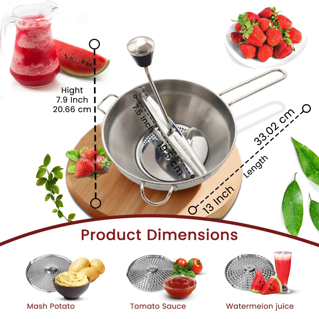 Food Mill with 3 Grinding Milling Discs,Bowl & Milling Handle Safe Stainless Steel meal grinder Perfect food mill for tomato, Potato Masher, Vegetable Chopper, Baby Food Processor (Silver)