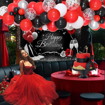 JOYMEMO Red Black and Silver Party Decorations, Women's Birthday Supplies with Balloon Garland and Backdrop