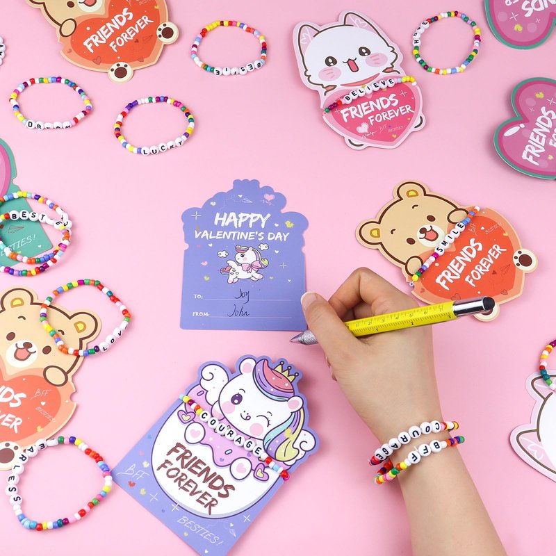 Valentines Day Cards for Kids, 24 Pack Valentines Gift Classroom Cards with Galentines Friendship Bead Bracelets, Valentines Gift Exchange for Boys Girls, Valentines Party Favors Supplies for Kids