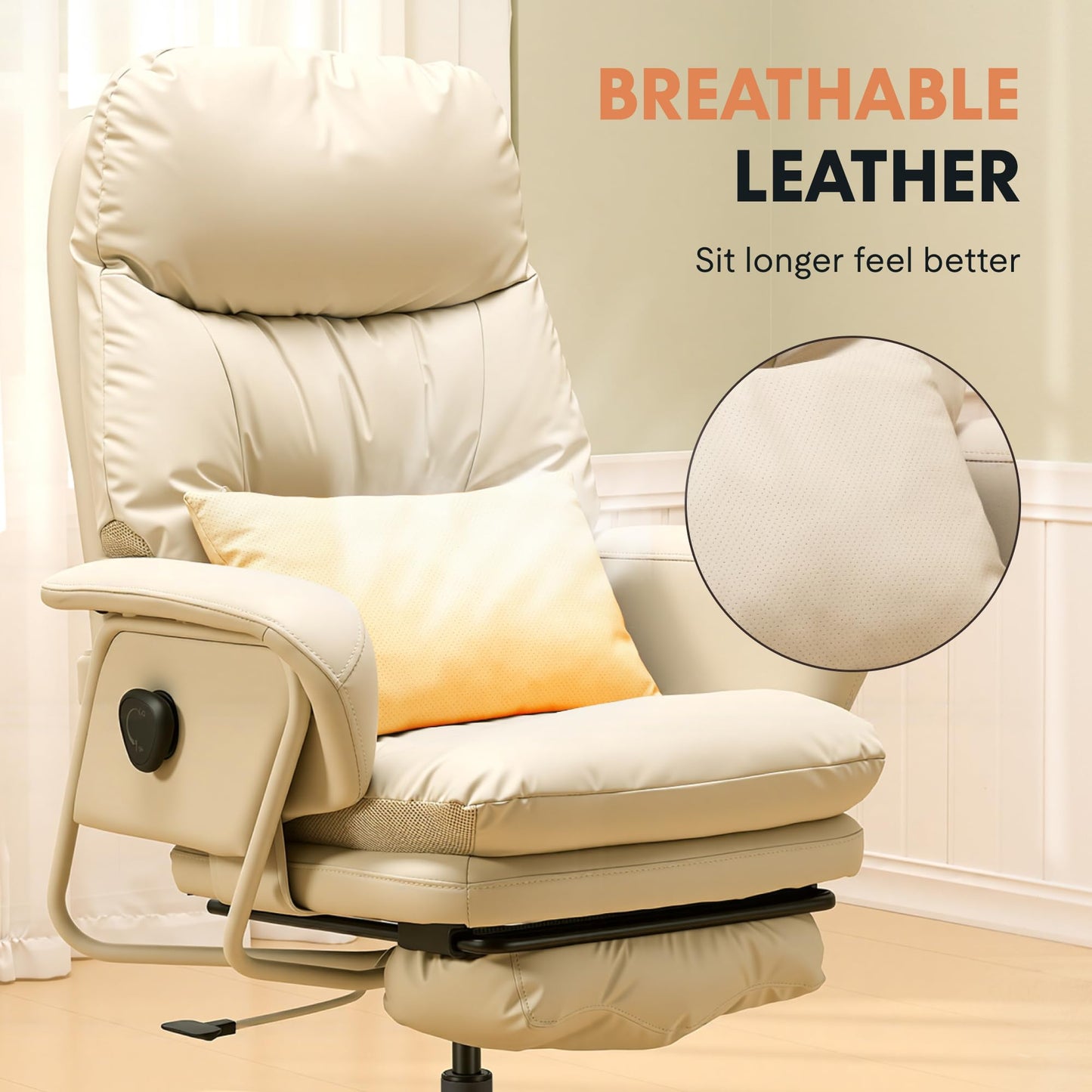 FLEXISPOT Ergonomic Office Chair with Footrest High Back Computer Desk Chairs Indoor Lounge Chair with Wheels 90-165° Reclining Lumbar Support, Chairs for Working Relaxing Cross Legged, Leather, White