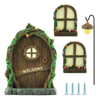 NOVYQREN Miniature Fairy Door and Windows Garden Kit Accessories,Glow in The Dark Fairy Door Windows Yard Art Sculpture Decoration Garden Decor(Wood)