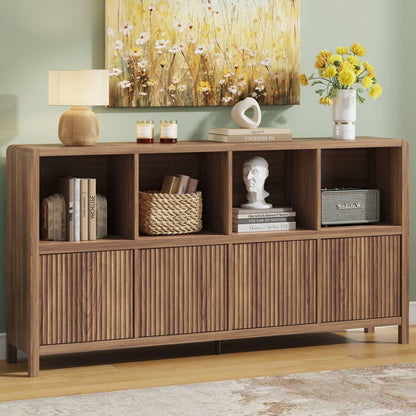 FATORRI 8 Cube Bookcase with 4 Doors, Wood Bookshelf with Storage Cabinet, Low Horizontal Storage Book Shelf for Living Room, Home Office, Dining (57 Inch Walnut)