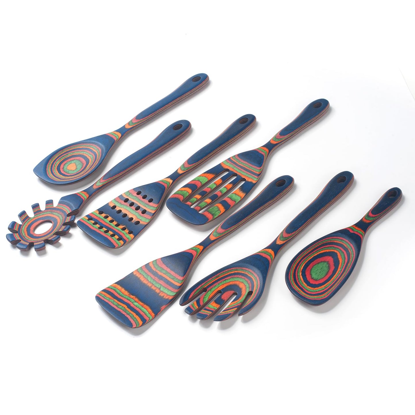7 Pcs Wood Cooking Utensils Set, Wooden Kitchen Utensil Set for Cooking, Wooden Cooking Spoons & Spatulas, Safe for Non-Stick Cookware, Blue