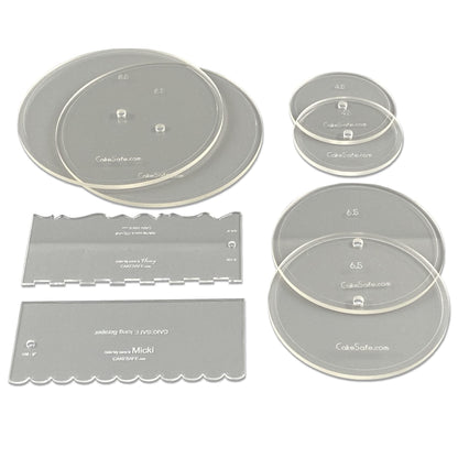 CAKESAFE Bare Necessities Cake Decorating Acrylic Disk Kit – 3 Sets -Round 4.5”, 6.5” and 8.5” Disk Sets (2 disks per size), 2-8" Icing Scrapers with 1 Scraper Edge and 3 Cake Comb Patterns