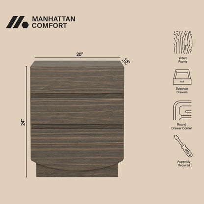 Manhattan Comfort Ardea Modern Nightstand with 3 Smooth-Glide Drawers, Compact Contemporary Bedside Table with Handle-Less Fronts, Rounded Edges, Walnut