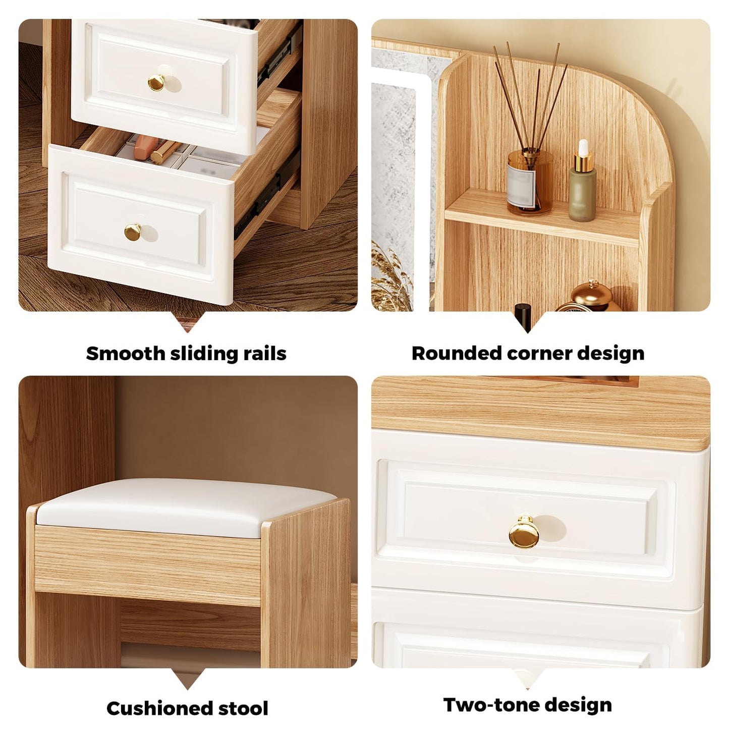Arulvmrn 43" Makeup Vanity Desk with Mirror and Lights, & Power Outl, Glass Top Big Vanity Table with 9 Drawers& 8 Storage Shelves, Dressing Table Set with Chair for Bedroom, Oak