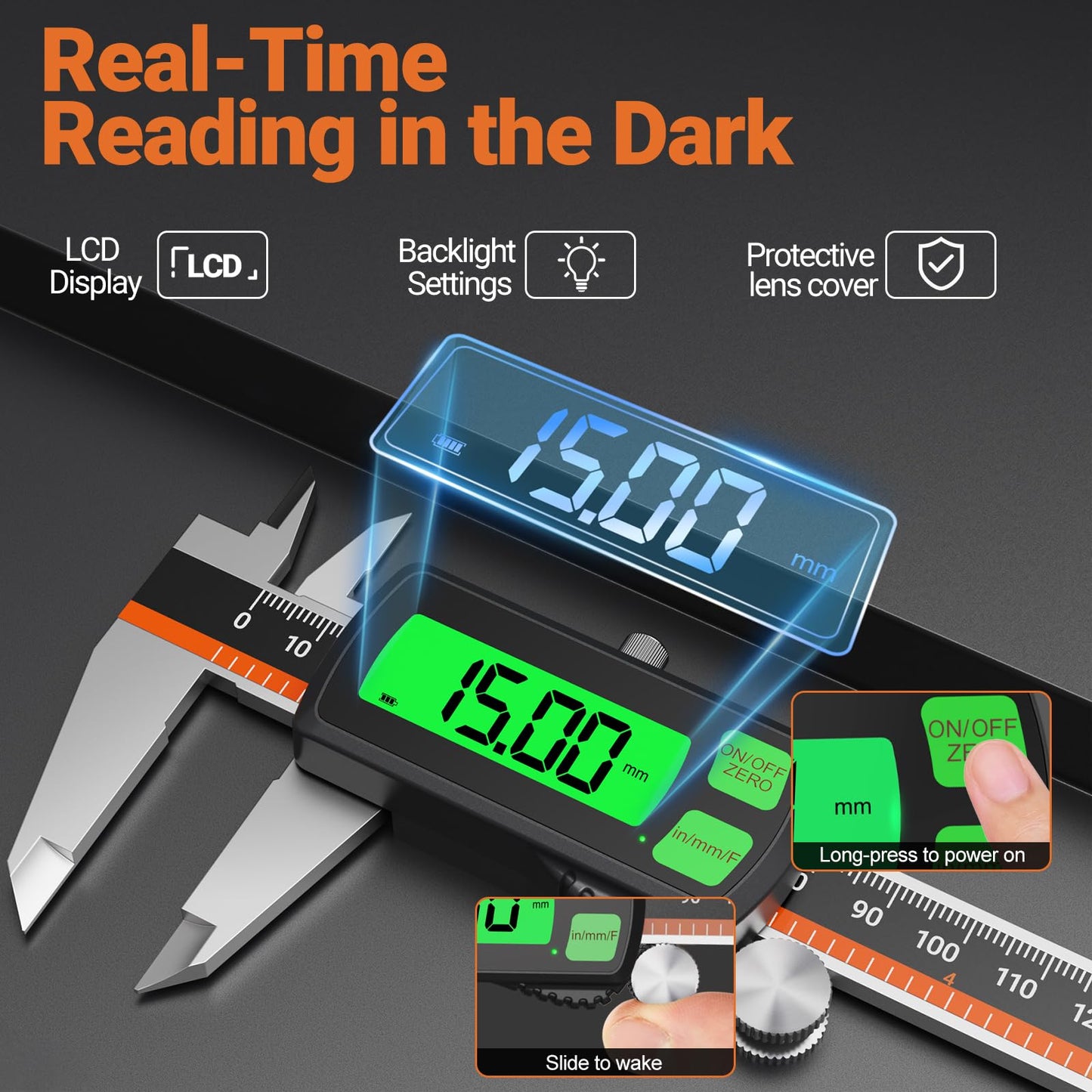 Digital Caliper, Type-C Rechargeable Stainless Steel Vernier Caliper, F/MM/in Conversion, Large LCD, USB Charging Digital Caliper Measuring Caliper for DIY, Woodworking & Professional Use (Black)
