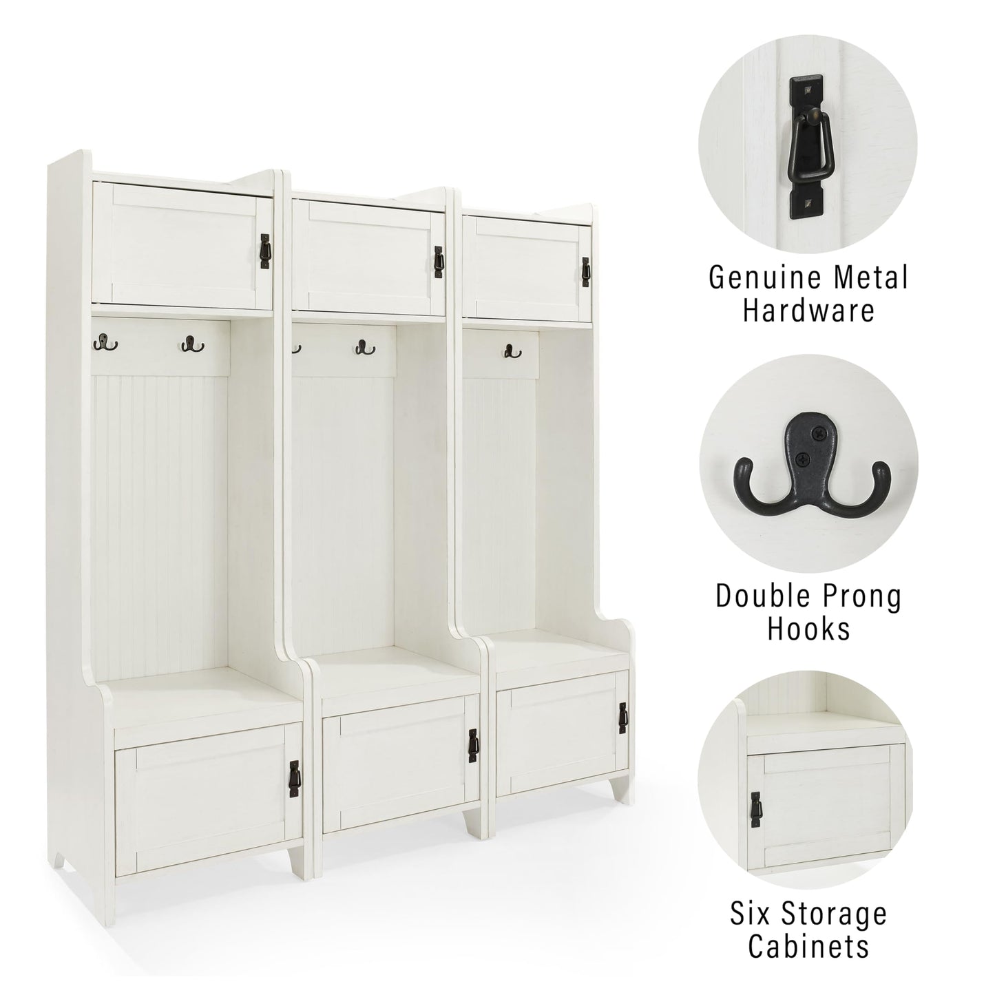 Crosley Furniture Fremont 3-Piece Hall Tree Entryway Set with Storage Cabinets and Coat Rack Hooks, Distressed White