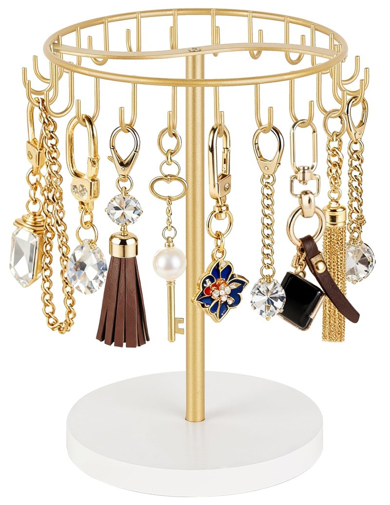 Dahey Keychain Display Stand for Vendor, Metal Bracelet Holder Organizer Hand Sanitizer Keychain Display with 22 Hooks Storage Keychains Bracelet for Study Desk Entryway Decor, Gold