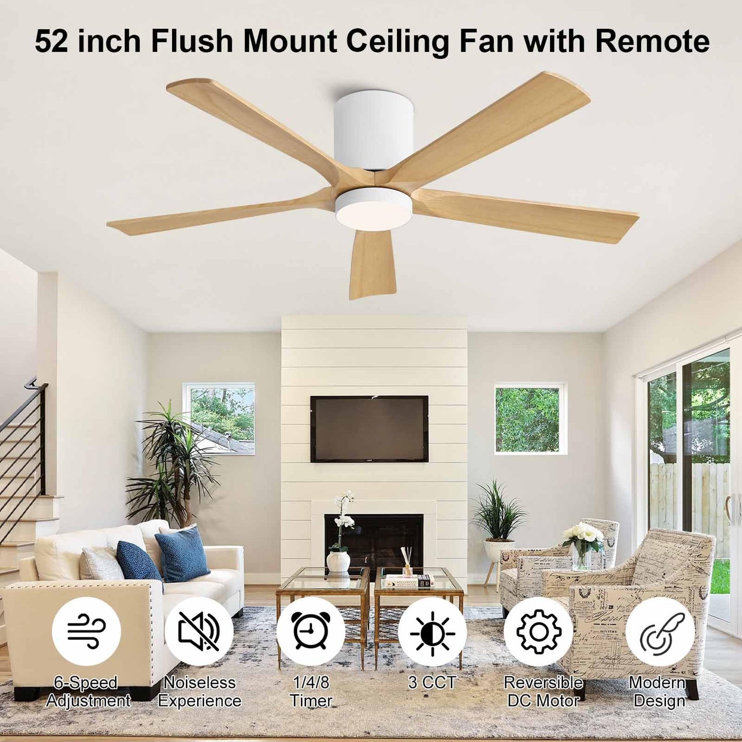 ELEHINSER 52 Inch Flush Mount Ceiling Fan with Lights, Low Profile Modern Ceiling Fan with Remote, Quiet DC Motor, 6-Speed, 3CCT,Timer, 5 Solid Wood Blades, White+Light Wood