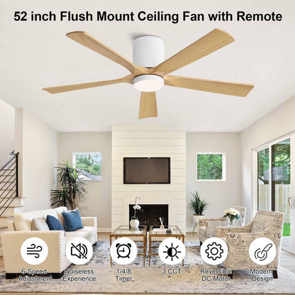ELEHINSER 52 Inch Flush Mount Ceiling Fan with Lights, Low Profile Modern Ceiling Fan with Remote, Quiet DC Motor, 6-Speed, 3CCT,Timer, 5 Solid Wood Blades, White+Light Wood