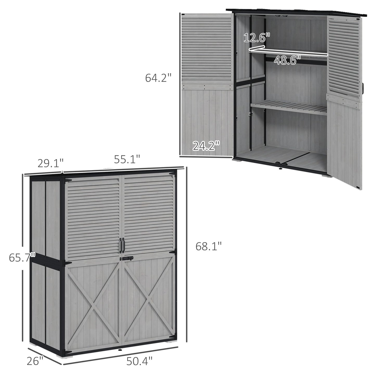 Outsunny Outdoor Storage Cabinet, Wood Garden Tool Shed with Lock, Steel Frame and Asphalt Roof, Garden Storage Shed with Adjustable Shelves and Feet for Patio Backyard Lawn, Gray
