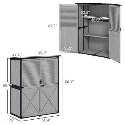 Outsunny Outdoor Storage Cabinet, Wood Garden Tool Shed with Lock, Steel Frame and Asphalt Roof, Garden Storage Shed with Adjustable Shelves and Feet for Patio Backyard Lawn, Gray