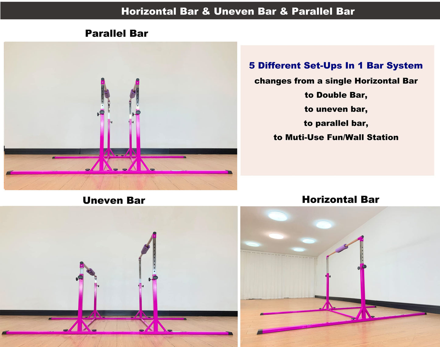 MARFULA Gymnastics Double Horizontal Bars 3Play Parallel Bars Uneven Bars Gymnastics Training Kip Bar with 304 Stainless Steel Regulating Arms & Fiberglass Rail for Indoor Outdoor Home Club Use
