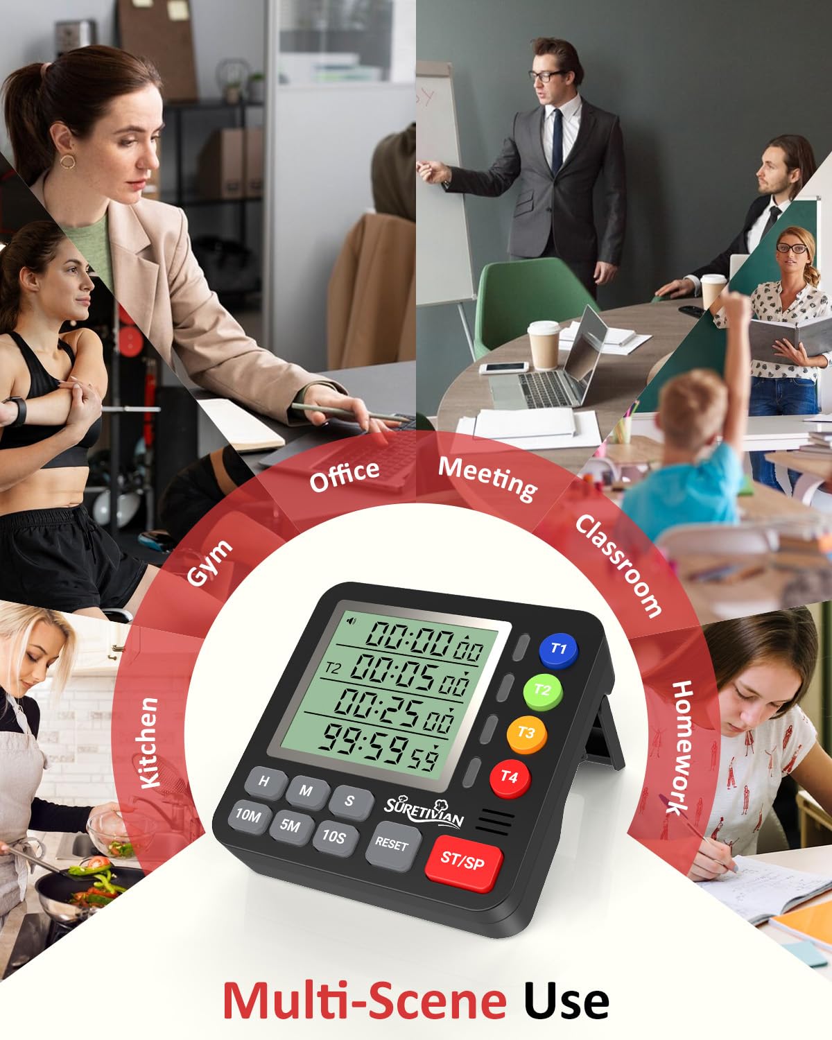 Digital Kitchen Timer for Cooking - 4 Channel Count Up Countdown Timer with Loud Alarm and Silent Mode, Large Display, Magnetic Back, Auto Memory for Classroom Study Gym, Battery Included (Black)