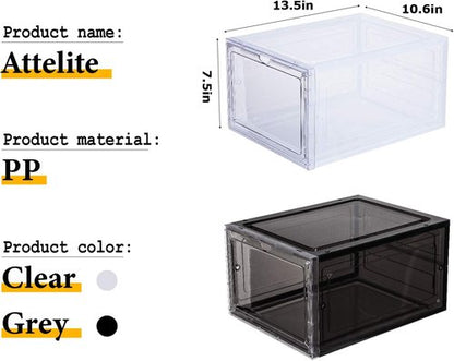 Attelite Shoe Box | Set of 6 Stackable Clear Organizers with Magnetic Door - Fits US Size 12, Black