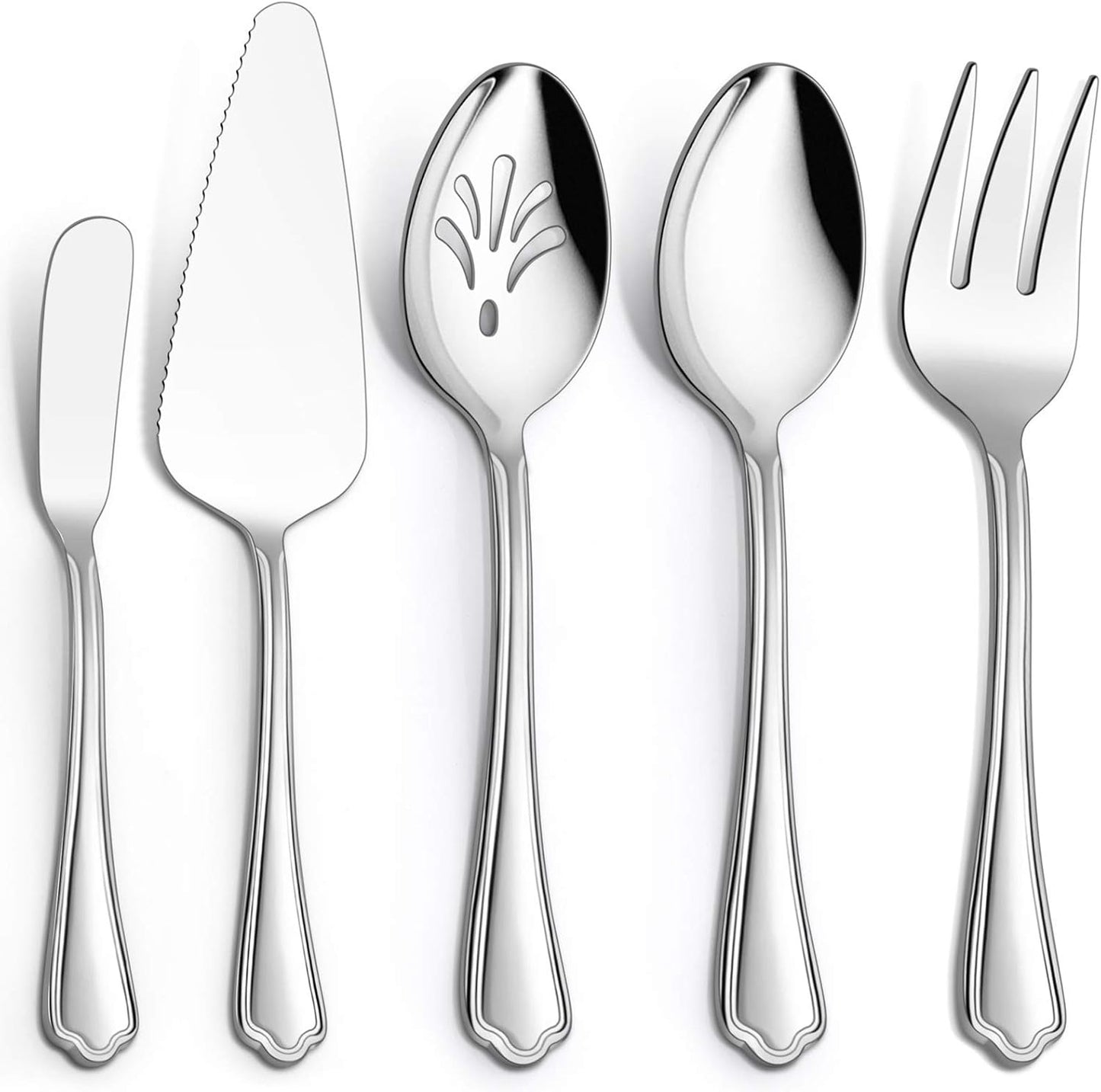 E-far 5-Piece Serving Utensils, Stainless Steel Scalloped Edge Hostess Set for Buffet Party, Dishwasher Safe