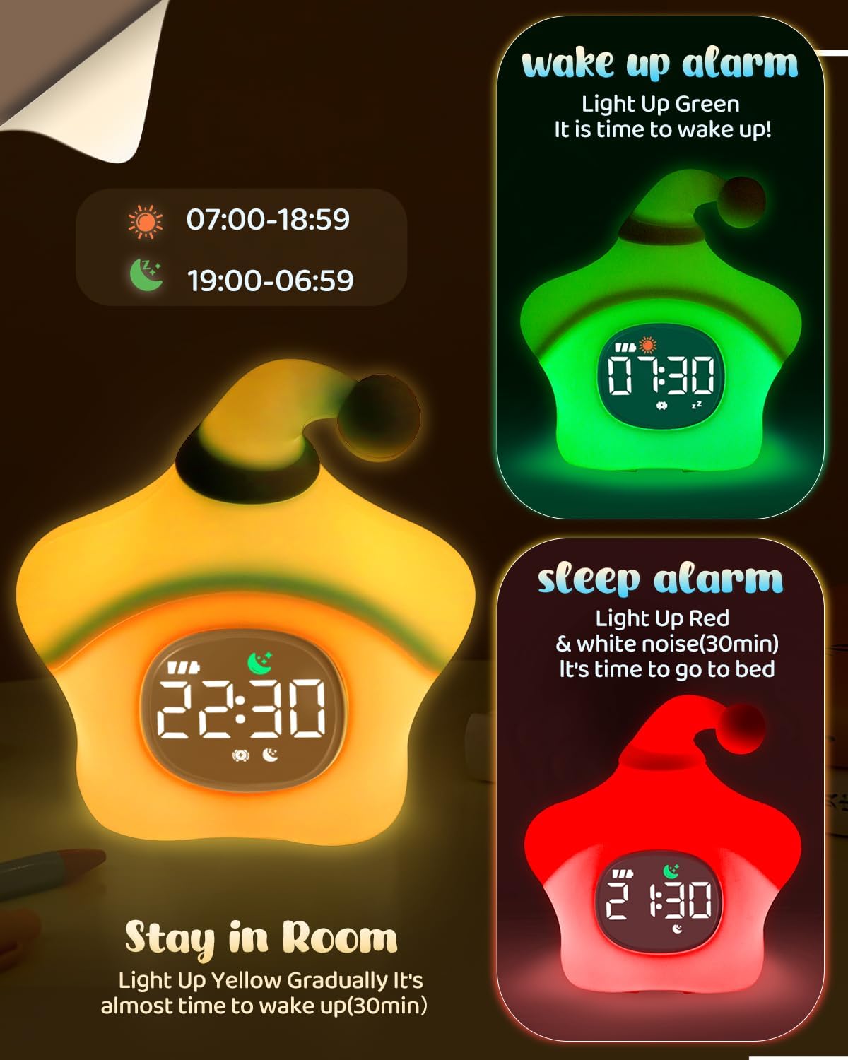 Star Alarm Clock with Night Light for Kids with Sleep Training and Sound Machine, Rechargeable Silicone Lamp OK to Wake