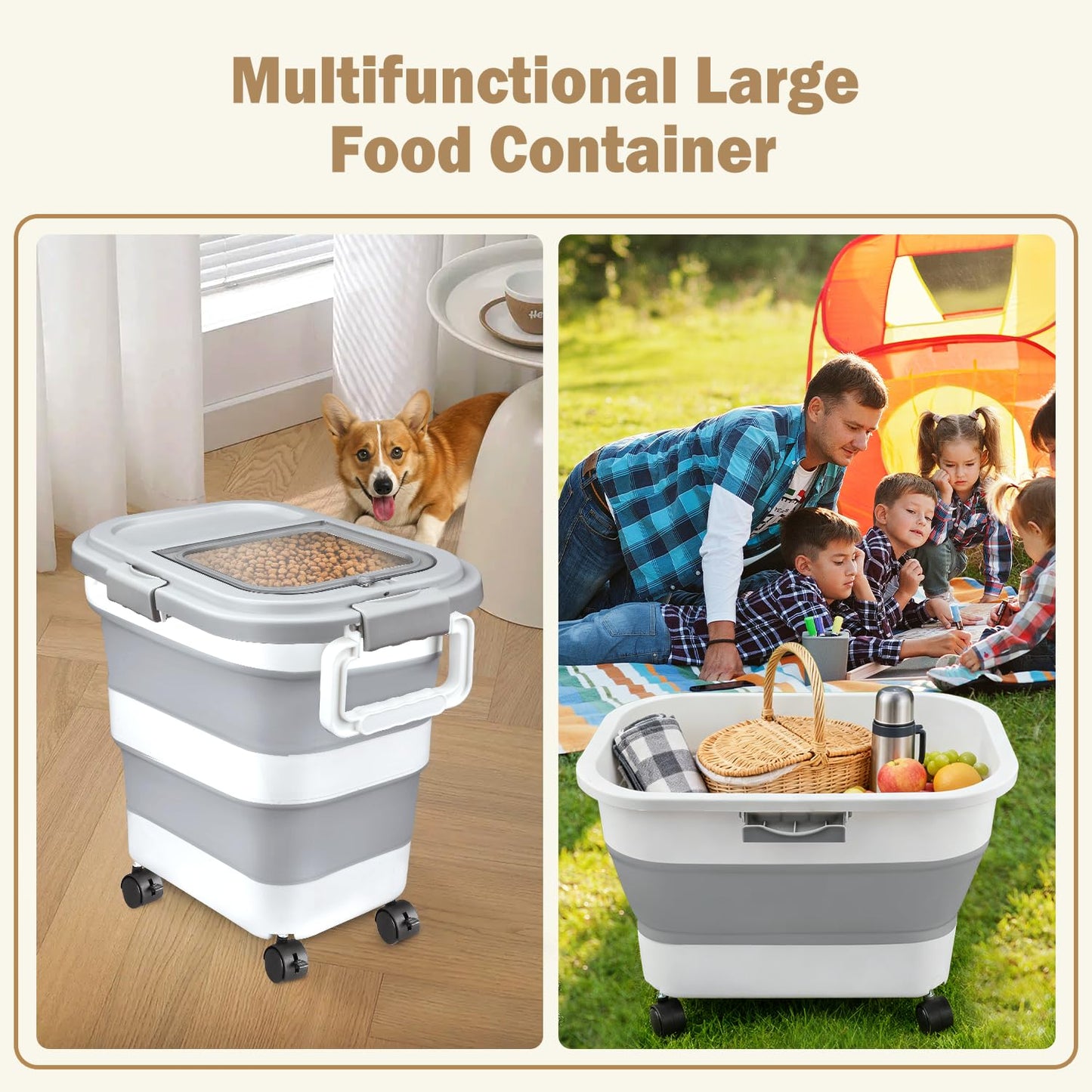 Komzon Rice Storage Container, Collapsible Airtight 10-40 Lb Rice Storage Container, 25lb Pet Dog Food Storage Container, Rice Dispenser Bin with Cup and Scoop for Flour Cereal Pasta Grain, Cat Bird