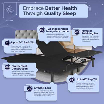 Celestial Sleep Aurora Adjustable Bed Base (Frame Only), Easy Assembly, Head and Foot Lift, Zero Gravity, Memory Positions - Split King