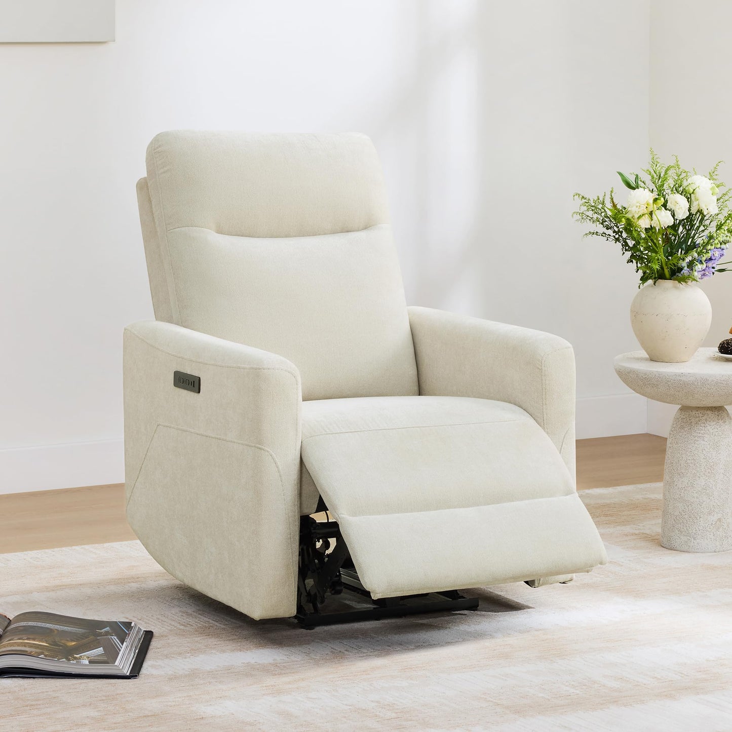 CHITA Power Recliner Chair for Adults, Electric Zero Clearance Wall Hugger Recliner for Small Spaces, Modern Living Room and RV Recliner Chair with Adjustable Power Headrest & Charging Ports, Cream