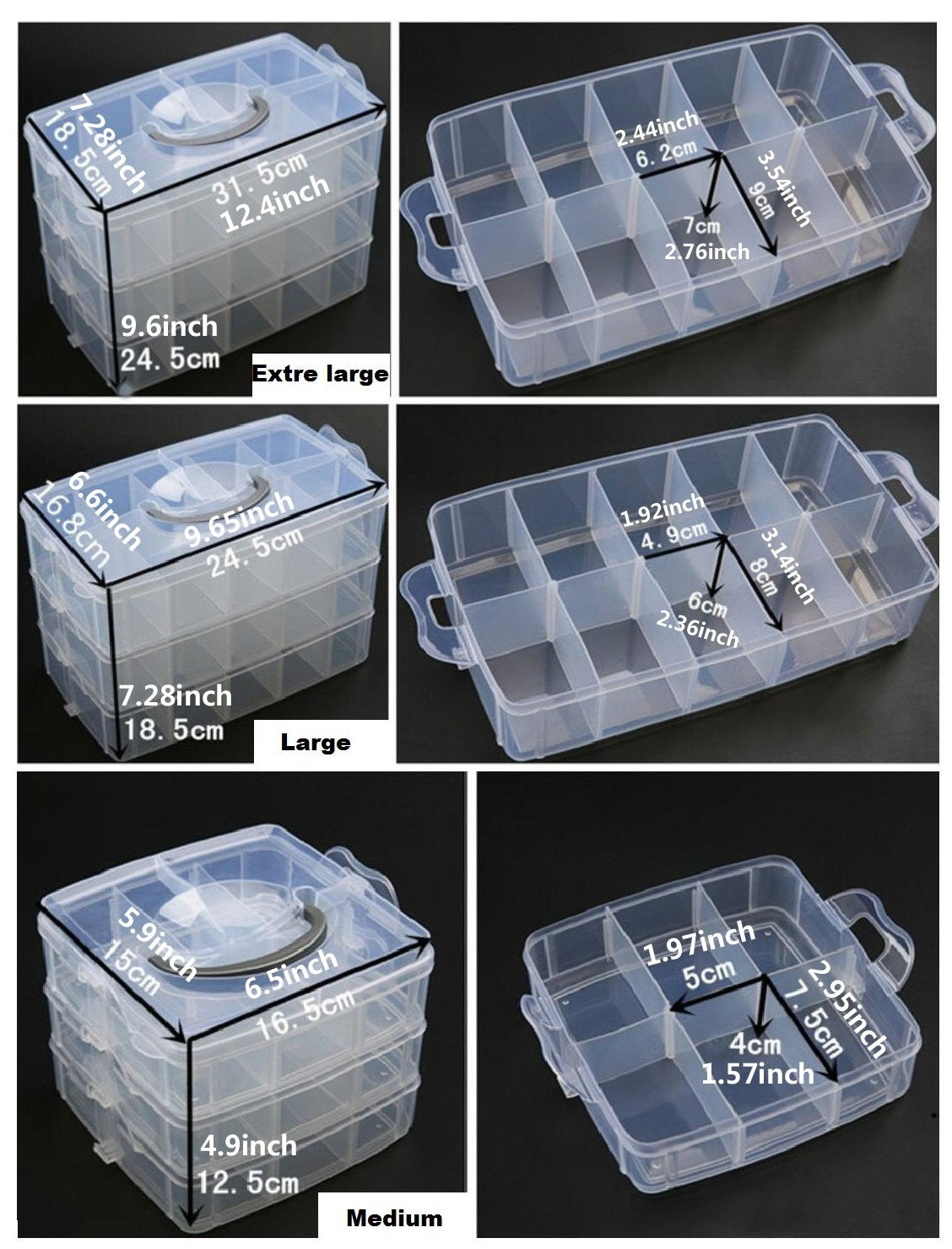 Kamay's Medium 3 Tier Stackable Adjustable Compartment Slot Bead Craft Jewellery Tool Storage Organiser Snap-lock Tray Container, with 18 Compartments, Container Box White