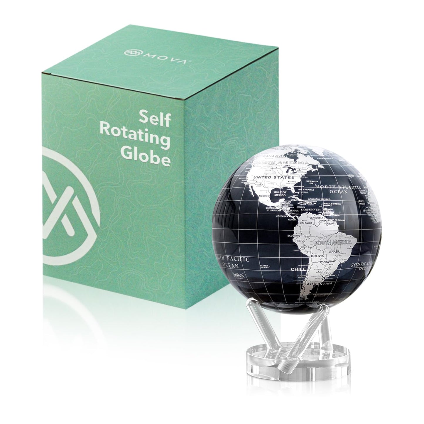 MOVA Globe - Jet Black and Silver Prestige (8.5") | Solar-Powered Rotating Desk Globe with Minimalist Map Design | No Batteries or Cords | Modern Decor Gift