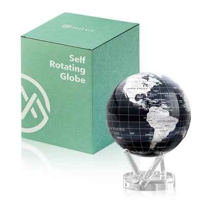 MOVA Globe - Jet Black and Silver Prestige (8.5") | Solar-Powered Rotating Desk Globe with Minimalist Map Design | No Batteries or Cords | Modern Decor Gift