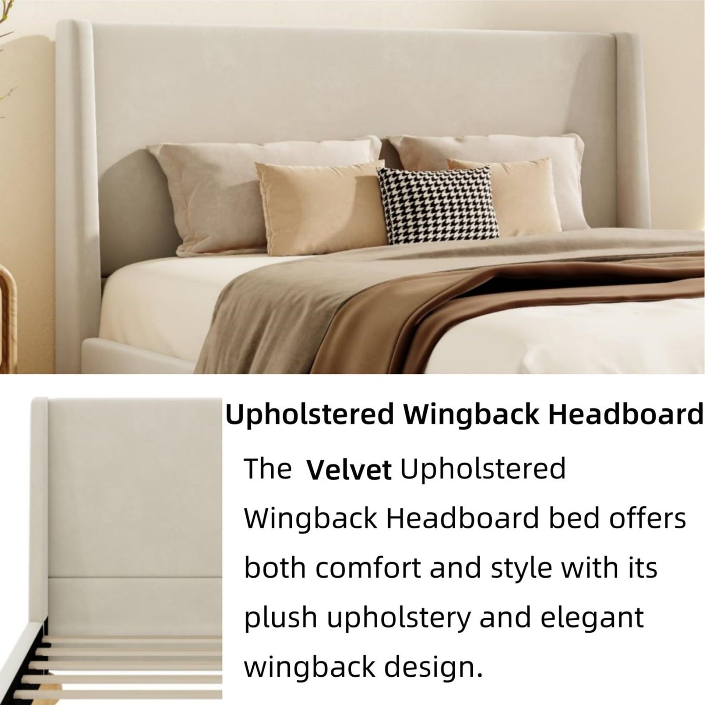 Merax Solid Wood King Size Velvet Bed Frame with Wingback Headboard, Modern Upholstered Platform with Walnut Wooden Legs, Strong Wooden Slats, No Box Spring Needed, Beige