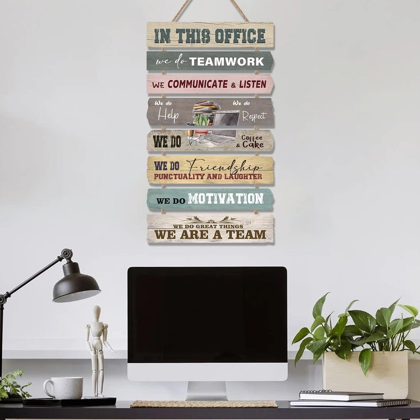 LHIUEM In This Office Wall Decor, Motivational Wall Signs Set of 8 (2.5”X12”) Wooden Hanging Office Decor for Women