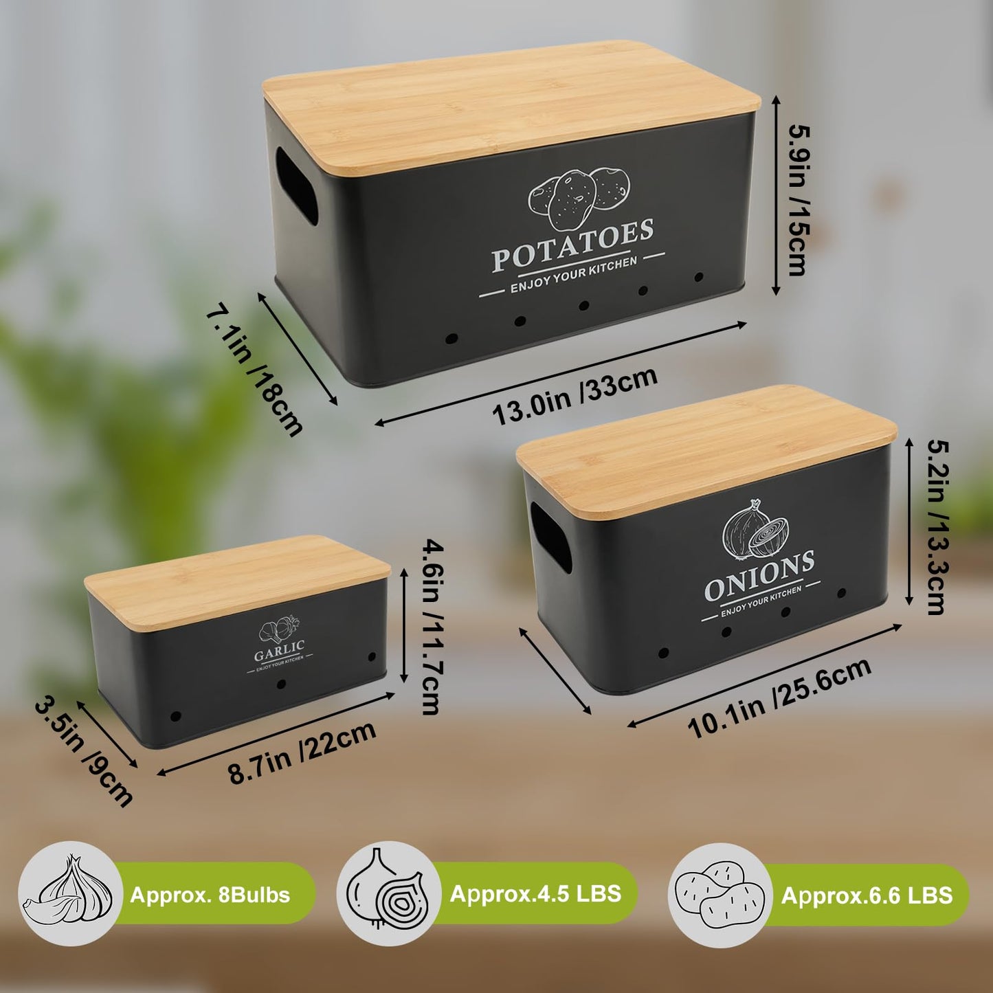 Dekosilave Kitchen Vegetable Storage Set of 3, Metal Onion Garlic Potato Storage Set, Kitchen Canisters Vegetable Keeper Containers with Aerating Holes and Wooden Lid (Black)