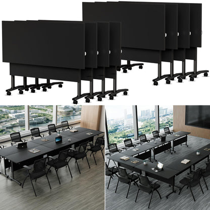 Conference Room Table with Wheels 6ft Folding Modular Large Black Conference Table Foldable Modern Rectangle Training Meeting Tables for Classroom Office(8, Black, D 55")