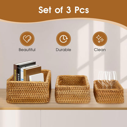 Whalehub Natural Rectangular Rattan Storage Baskets (Set of 3), Hand Woven Food and Fruit Serving Baskets, Wicker Organizer for Living Room, Bedroom, Kitchen