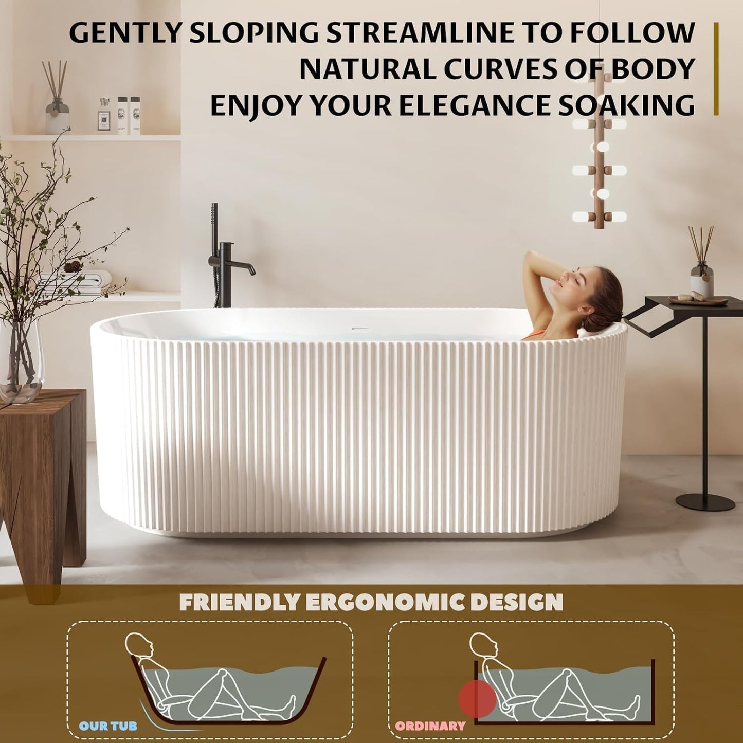 59" Acrylic Freestanding Bathtub, Modern Acrylic Soaking Bathtub, Freestanding Rectangular Tub with Matte Drain and Overflow, Ergonomic Deep Design, Double-Walled Insulation, CUPC Certified