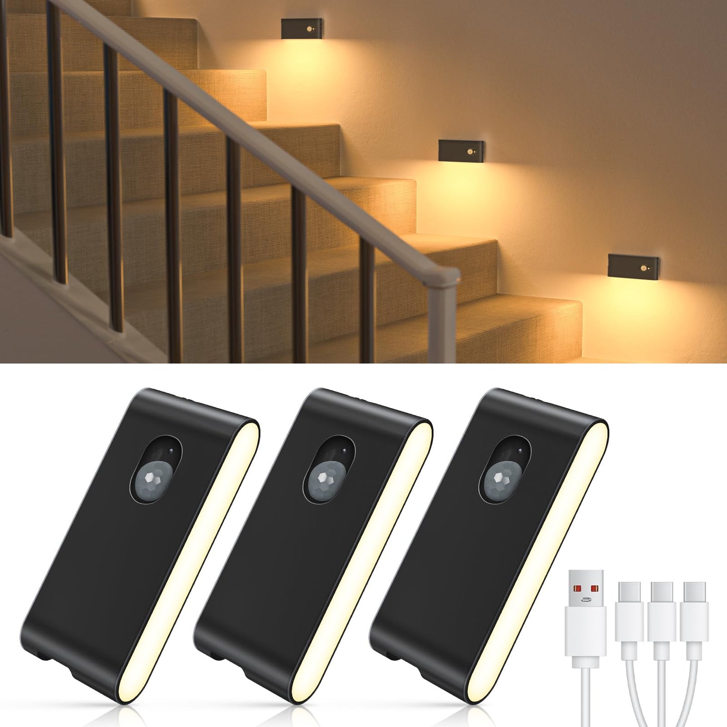 WILLED Motion Sensor Night Light, Rechargeable Stair Lights Indoor, Warm White Motion Sensor Light Indoor, Battery Operated Night Light for Hallway, Stairway, Bathroom, Bedroom, Kitchen, 3 Pack