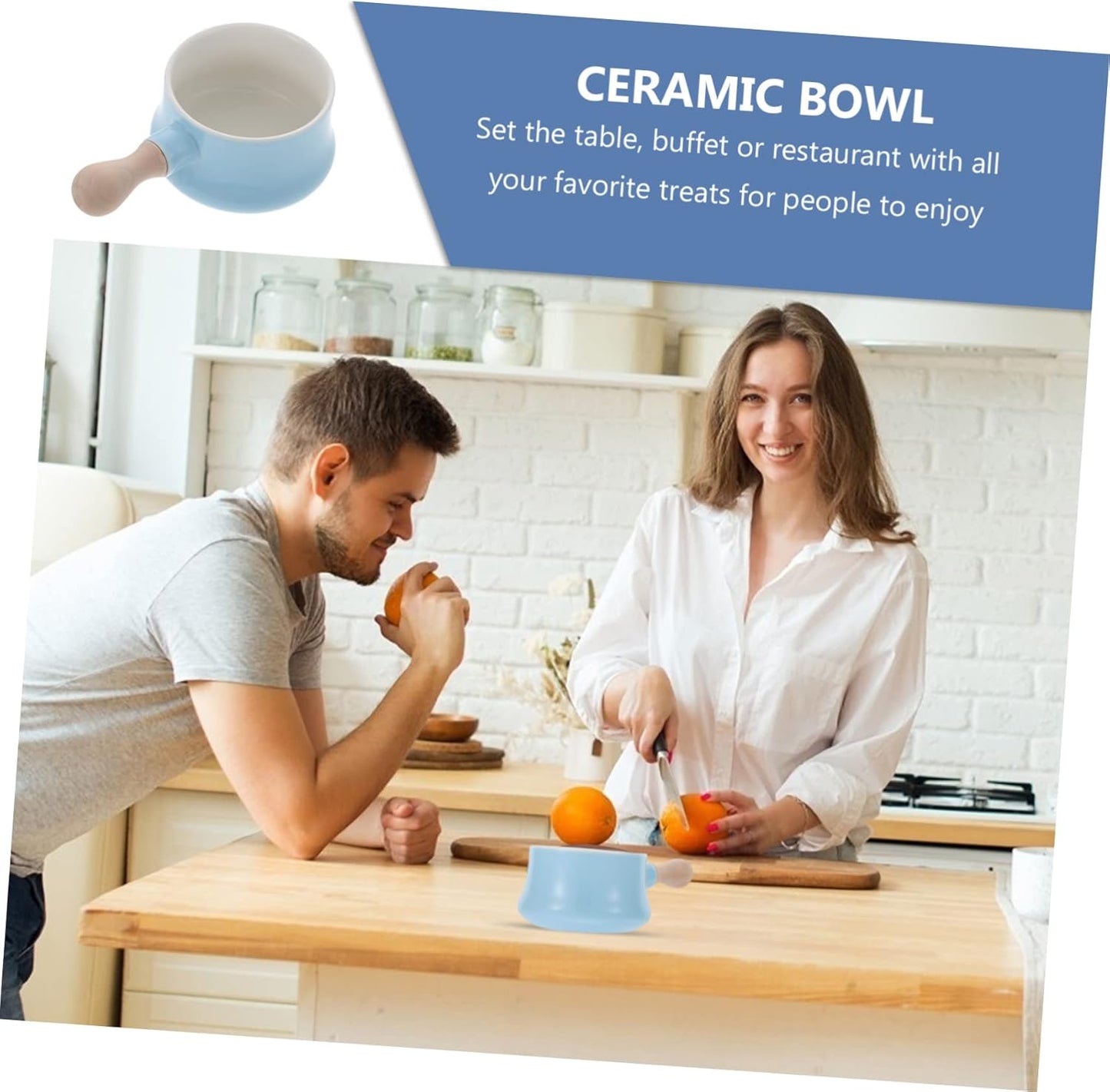 Cabilock Fashion Ceramic Soup Bowl with Wood Handle, Capacity Breakfast and Noodle Bowl for Home Use