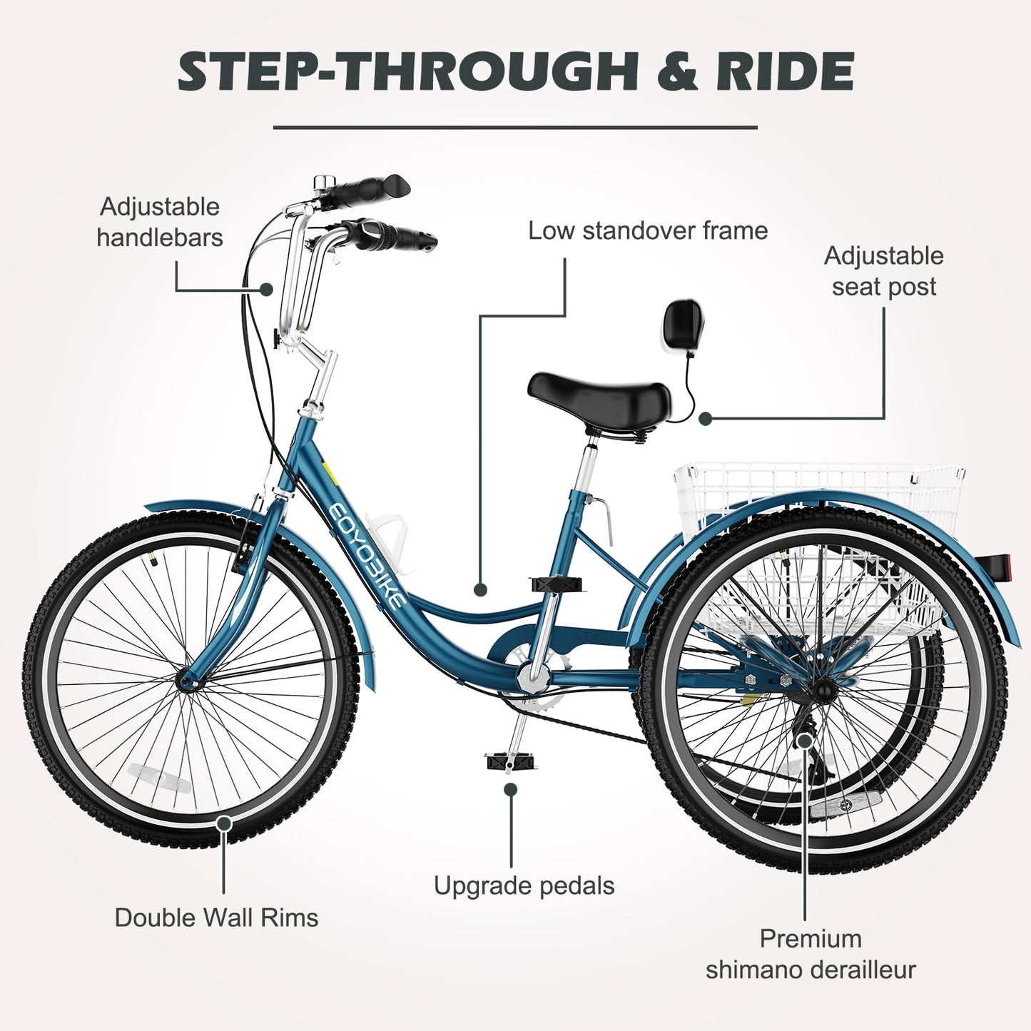 H&ZT Adult Tricycle, 3 Wheeled Bike, Trike Cruiser Bike, with 7-Speed Gear, Parking Brake Handle, Low Step, Large Rear Basket, Elderly Friendly, for Men, Women, and Teens