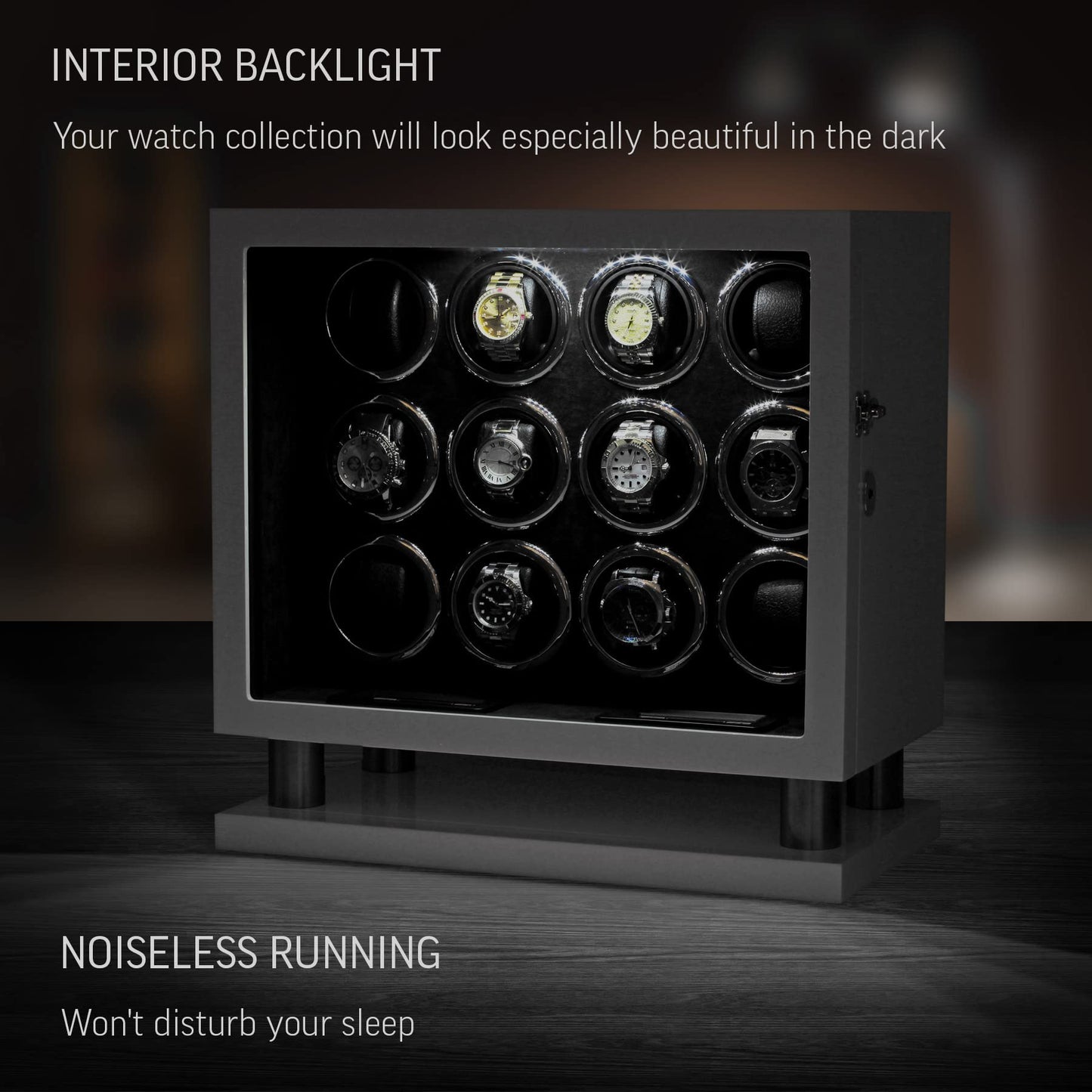 12 Watch Winder for Automatic Watches with LED Light and LCD Touchscreen Control (White)
