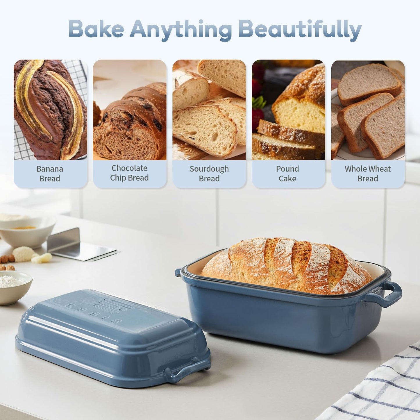 Ryede Dutch Oven for Sourdough Bread Baking, Enameled Cast Iron Dutch Oven Pot with Lid, 10×6 Bread Loaf Pans with Lid for Homemade Bread, Cake, Meatloaf, Oven & Induction Safe (Blue, 3.84 QT)