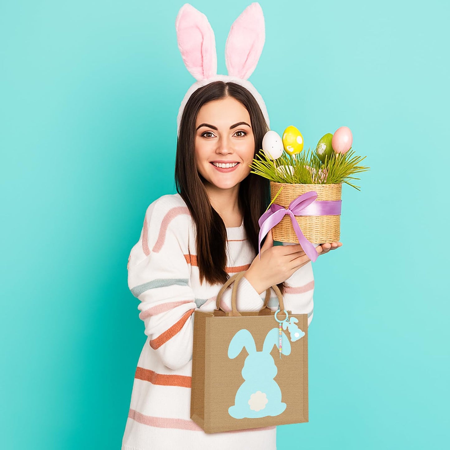 Hillban 4 Sets Personalized Easter Burlap Gift Bags Reusable Large Egg Hunt Bunny Tote with Handles and DIY Name Beads Keychain Making Kit for Women Jute Baskets for Easter Party Favors Gifts Storage
