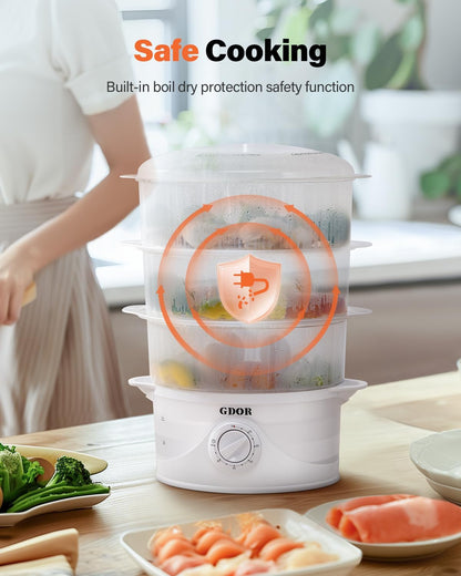 GDOR 3 Tier Electric Food Steamer for Cooking, 800W Vegetable Steamer for Fast Simultaneous Cooking, Dishwasher Safe, Boil Dry Protection, 60-Minute Timer, BPA-Free, 9.6 QT, White